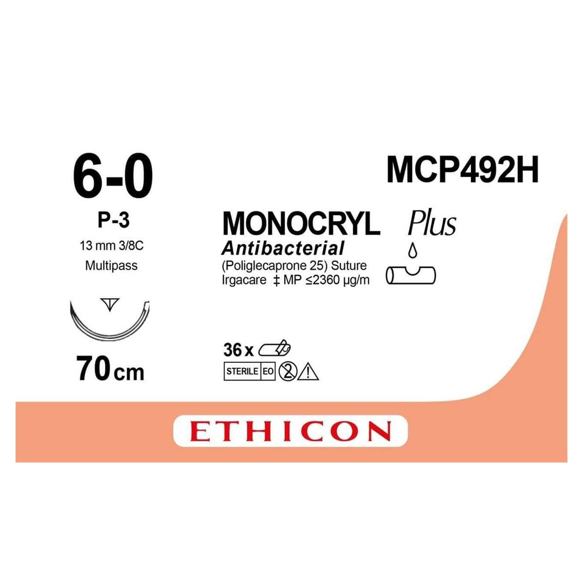 Monocryl Plus - lengte 70cm, 36 stuks 6/0, naald P-3 - MCP492H