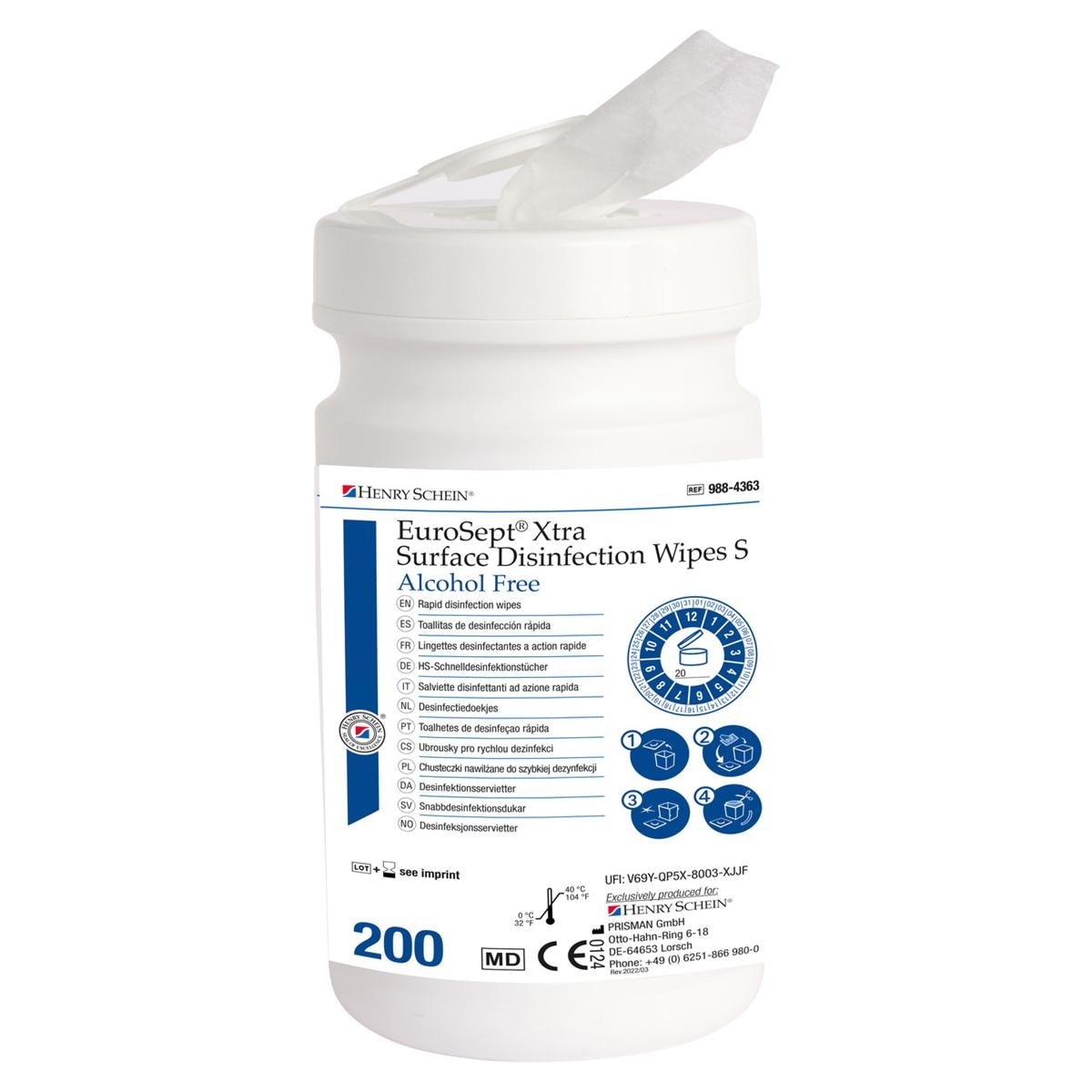 Eurosept Xtra Surface Disinfection Wipes Small - sans alcool - Distributeur de 200 lingettes (20 x 22 cm)